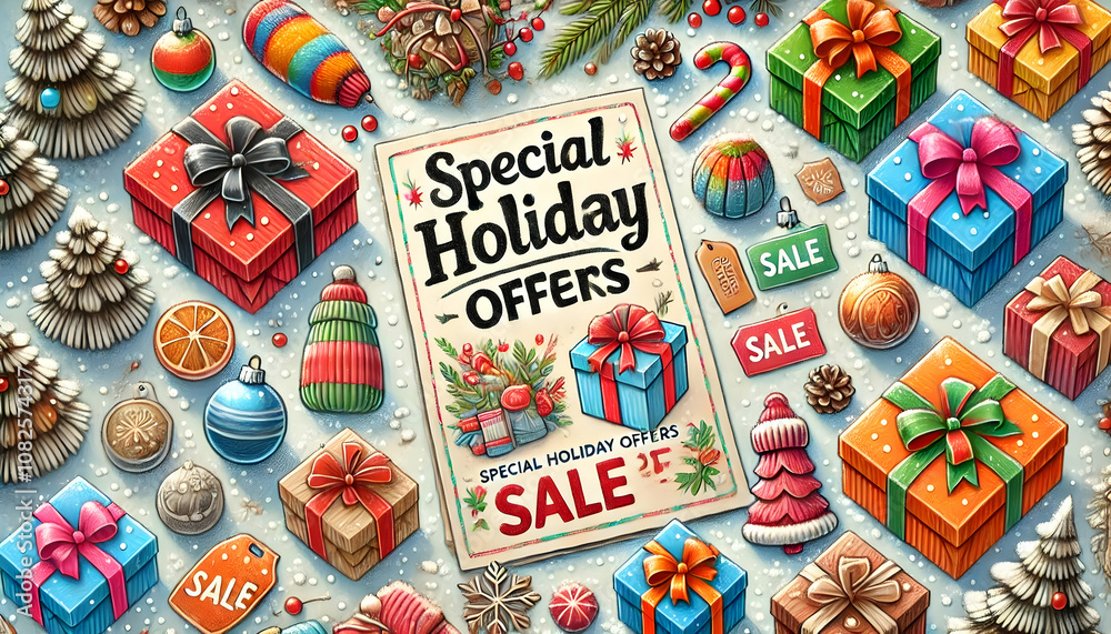 Obraz premium A vibrant festive scene featuring colorful holiday gifts, decorations, and a poster announcing special holiday sale offers.