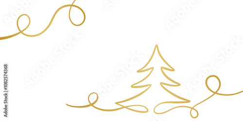 Gold gradient Christmas tree line art swirl, vector flourish frame design, elegant linear greeting template design