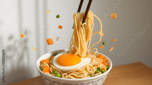 Ramen bowl with instant noodles flying out of it.Surreal composition featuring a bowl of instant noodles. photo