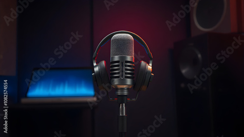 Professional microphone and headphones at the radio station, entertainment and communication concept.3d render