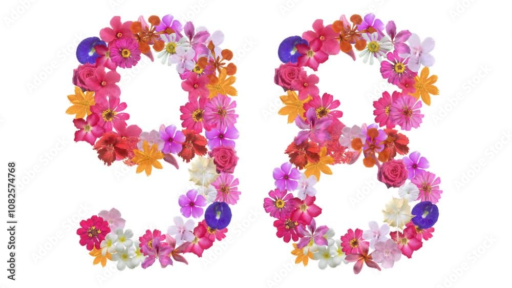 98, Video of numbers formed from growing flowers, suitable for birthday, anniversary and commemoration templates. 98, Video of numbers formed from growing flowers, suitable for birthday, anniversary and commemoration templates.
