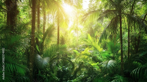 Lush Green Jungle with Sunlight Filtering Through Trees