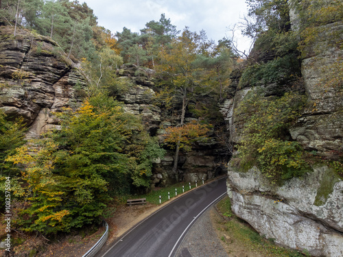 Aerial view on Mullerthal, Luxembourg's Little Switzerland, hiking routes, rock formations, moss-covered forests, tourist destination in Europe