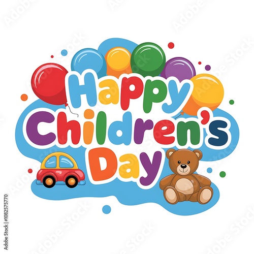 Colorful Happy Children's Day Greeting with Balloons, Car, and Teddy Bear