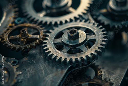 Close up view of intricate gears working together in perfect harmony, showcasing the beauty of mechanics and engineering