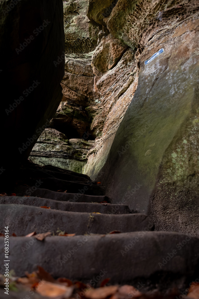 Obraz premium Scenic diversity of Mullerthal, Luxembourg's Little Switzerland, hiking routes, rock formations, moss-covered forests, tourist destination in Europe