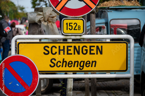 Entering in small wine-making village in Luxembourg on river Moselle, border includes tripoint borders of Germany, France, Luxembourg, place of signing of Schengen Agreement photo