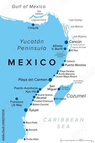 Riviera Maya in Mexico, political map, with Cancun, a city on the Yucatan Peninsula coast, north of the Mayan Riviera. Caribbean coast resort with the island Cozumel in the east of Playa del Carmen.
