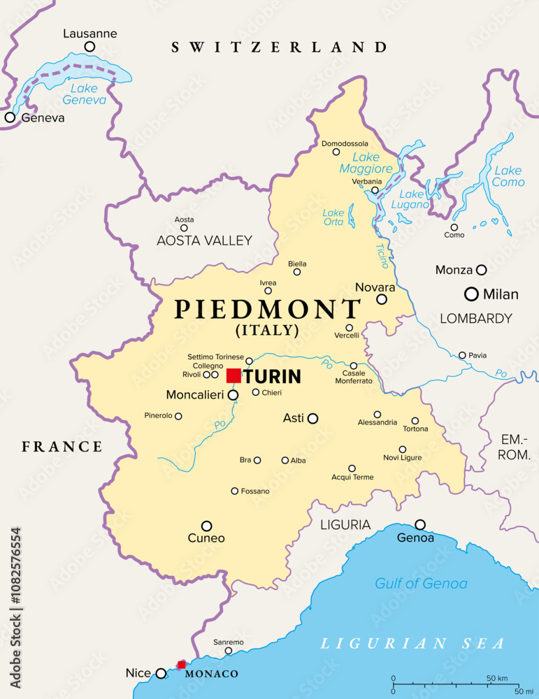 Obraz premium Piedmont region in northwest Italy, political map. Second largest Italian region with capital Turin, bordering France, Switzerland, and the regions Aosta Valley, Lombardy, Emilia-Romagna, and Liguria.