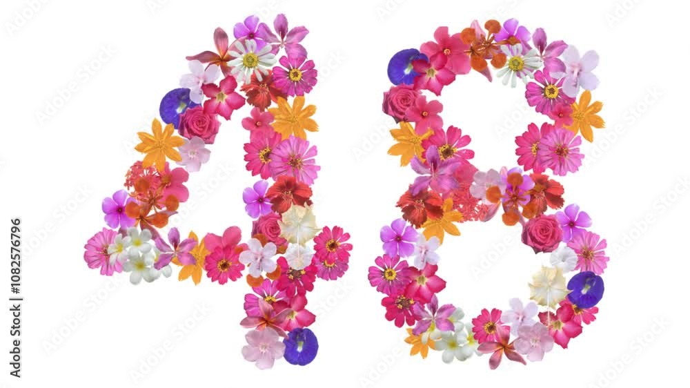 48, Video of numbers formed from growing flowers, suitable for birthday, anniversary and commemoration templates. 48, Video of numbers formed from growing flowers, suitable for birthday, anniversary and commemoration templates.