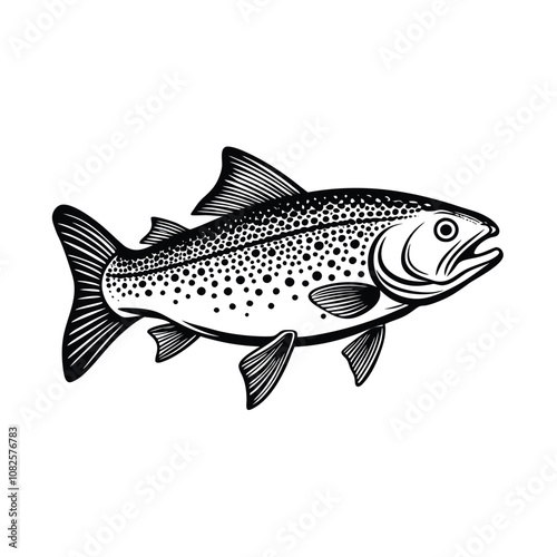 trout fish design, labeled linocut vector silhouette illustration.
