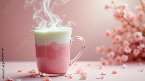 A steaming cup of pink matcha with a flower blossom garnish on a table.