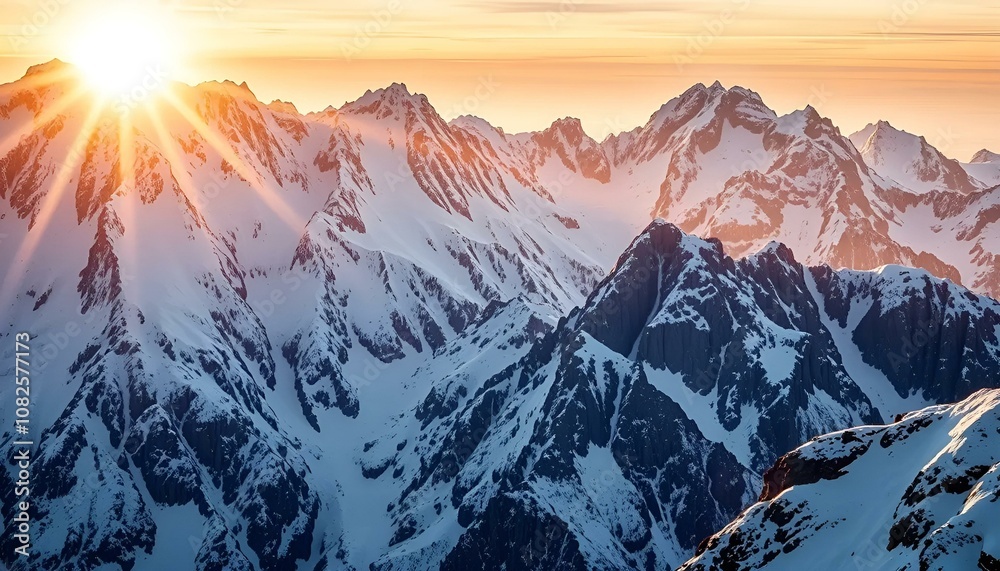 Fototapeta premium Stunning sunrise over snow-covered mountain peaks with rays of light shining through