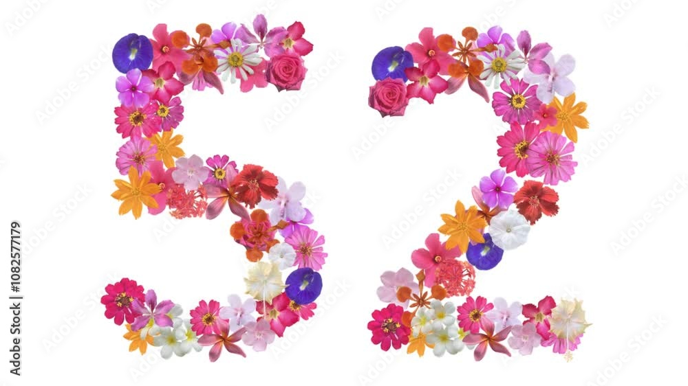 52, Video of numbers formed from growing flowers, suitable for birthday, anniversary and commemoration templates. 52, Video of numbers formed from growing flowers, suitable for birthday, anniversary and commemoration templates.