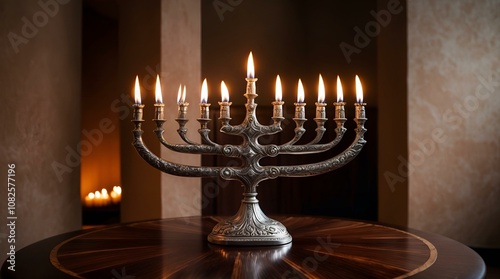 Silver menorah with lit candles on wooden table in warm interior photo