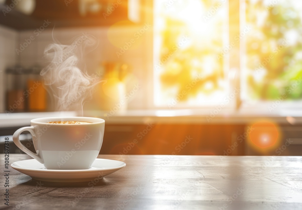 Closeup of Steam Rising from Hot Coffee in a Sunlit Kitchen Closeup of Steam Rising from Hot Coffee in a Sunlit Kitchen