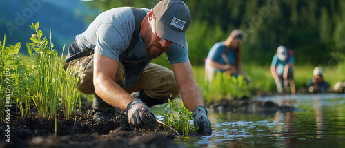 Volunteers plant wetland plants to conserve water and restore ecosystems