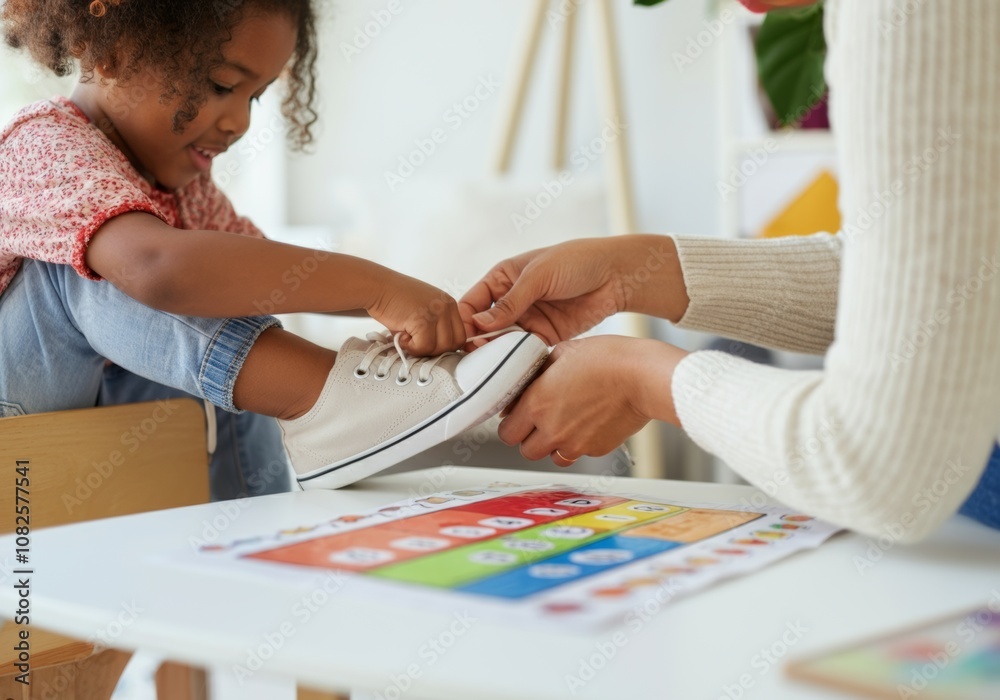 Child learning to tie shoes with parental help in bright room Child learning to tie shoes with parental help in bright room