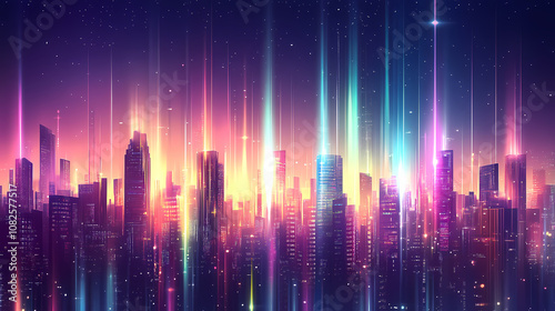 Digital illustration of futuristic cityscape with radiant light beams and horizon effect. Radiant. Illustration