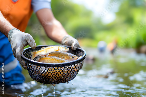 Volunteers release fish into river to support nature conservation efforts photo
