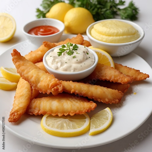 Crispy Fish and chips with a creamy tangy sauce with Lemon served