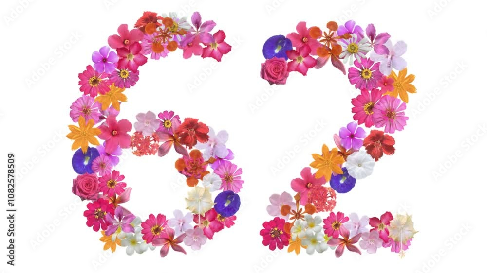 62, Video of numbers formed from growing flowers, suitable for birthday, anniversary and commemoration templates. 62, Video of numbers formed from growing flowers, suitable for birthday, anniversary and commemoration templates.