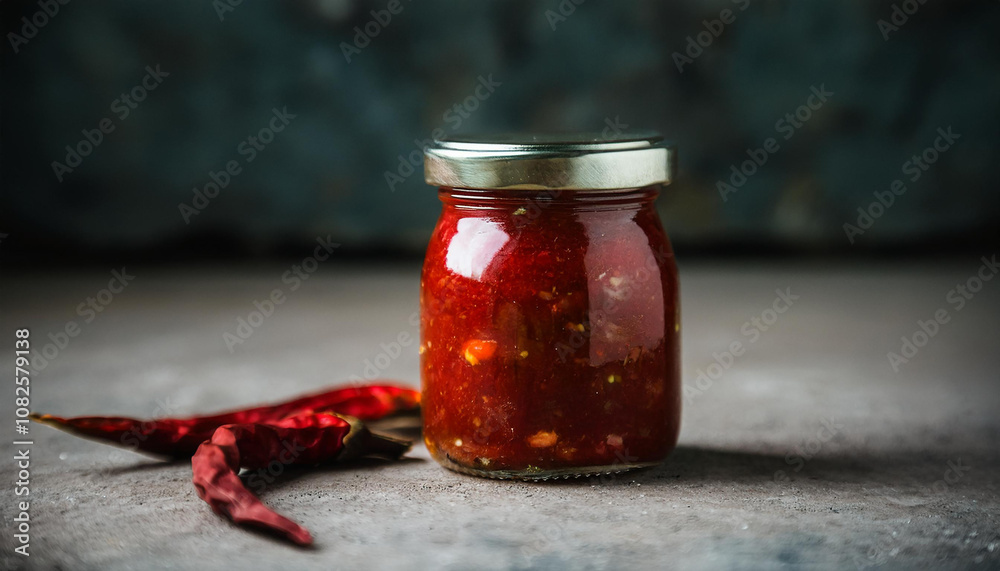 Red Indian chutney in glass jars. Delicious homemade sauce. Tasty food. Cooking and culinary concept Red Indian chutney in glass jars. Delicious homemade sauce. Tasty food. Cooking and culinary concept
