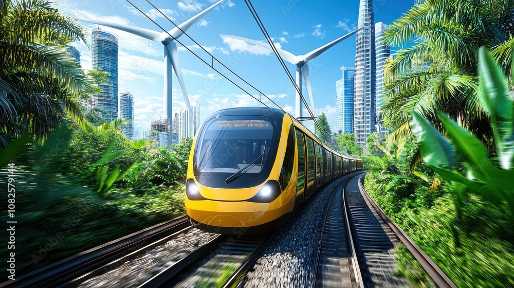 Eco-friendly public transport train urban jungle transportation green environment dynamic view sustainability concept