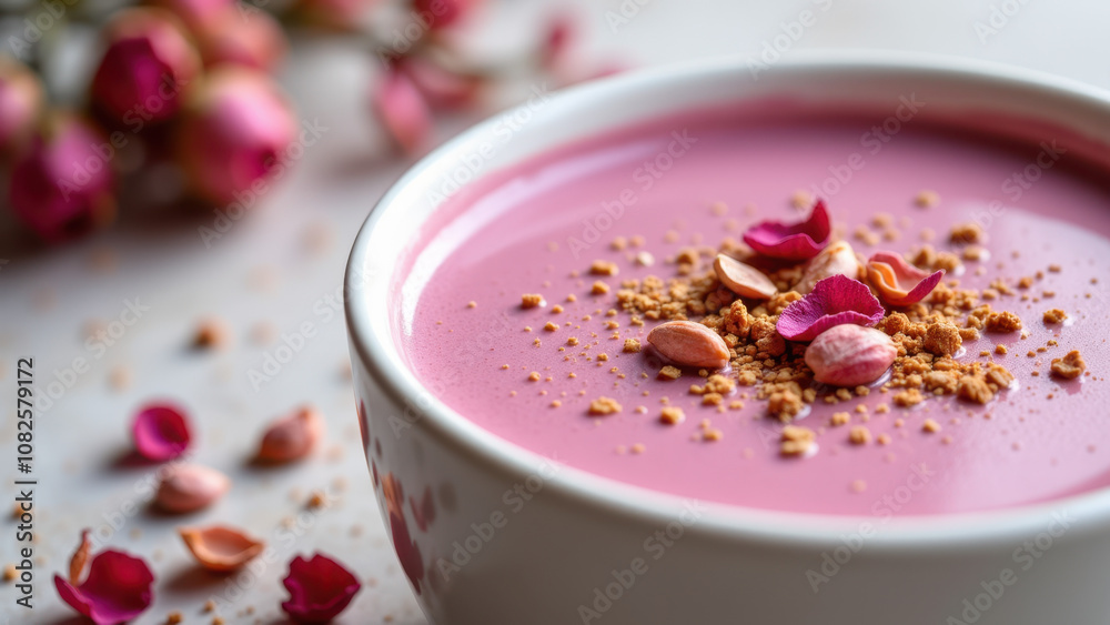 Pink matcha dessert topped with crushed nuts on a white surface adorned with rose petals. Pink matcha dessert topped with crushed nuts on a white surface adorned with rose petals.