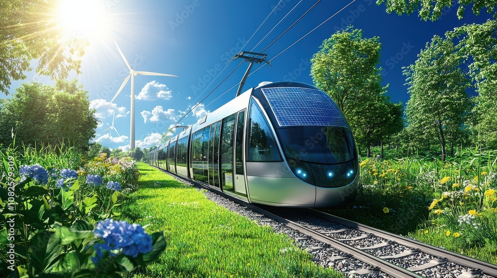 Sustainable transportation system urban landscape hybrid solar and wind-powered trains green environment aerial view eco-friendly concept