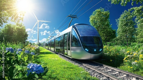 Obraz na płótnie Sustainable transportation system urban landscape hybrid solar and wind-powered trains green environment aerial view eco-friendly concept w salonie