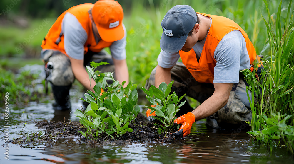 Dedicated workers restore wetlands by planting native vegetation Dedicated workers restore wetlands by planting native vegetation