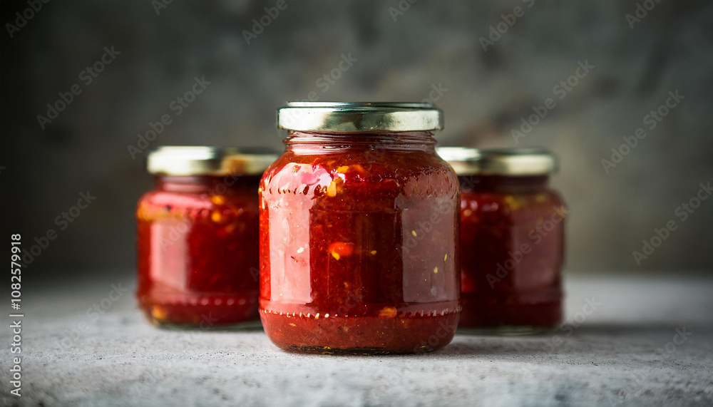 Red Indian chutney in glass jars. Delicious homemade sauce. Tasty food. Cooking and culinary concept Red Indian chutney in glass jars. Delicious homemade sauce. Tasty food. Cooking and culinary concept