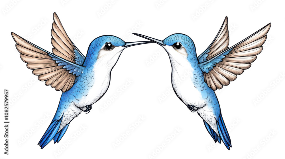 Fototapeta premium Two vibrant blue hummingbirds with outstretched wings and light brown accents, facing each other against a solid black background.