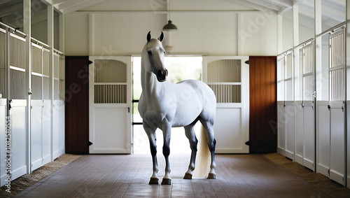 Solitary White Horse in a Minimalist Stable photo