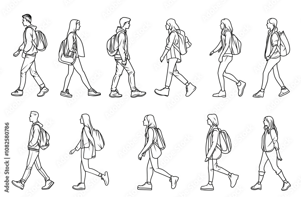 Black and White Line Drawings of People Engaged in Various Activities, Minimalist Flat Design on White Background