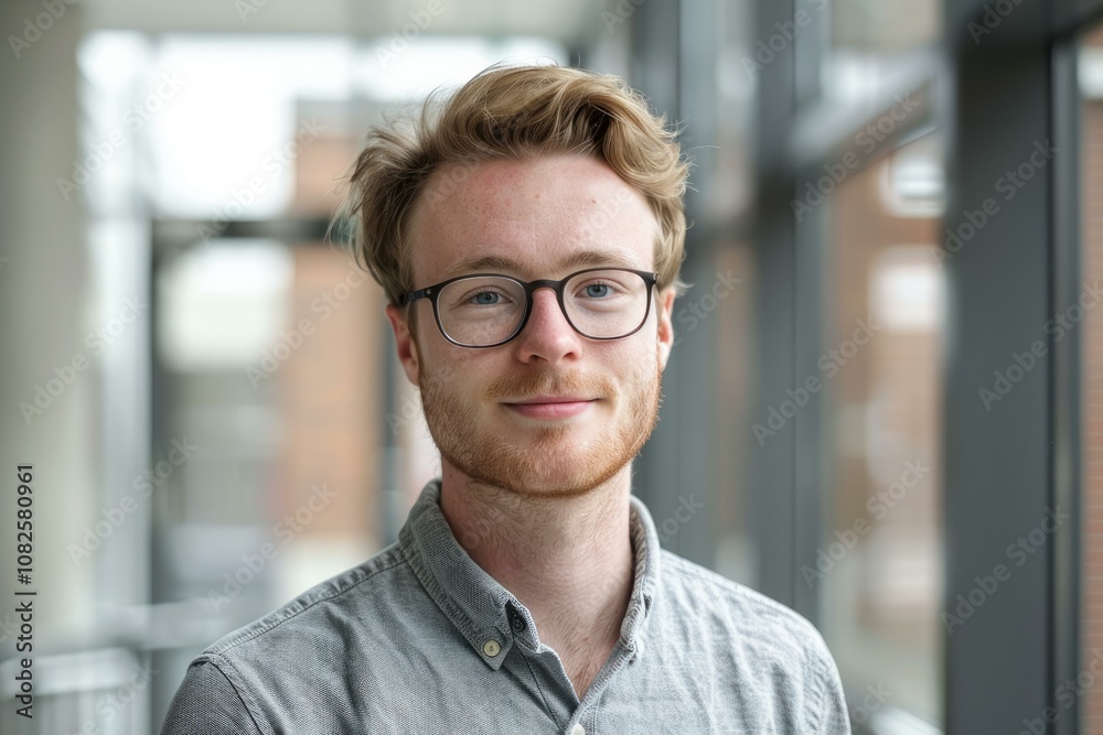 Young professional with glasses is smiling confidently in a modern office building Young professional with glasses is smiling confidently in a modern office building
