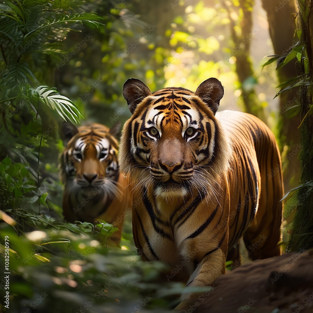 Obraz premium Stunning Wildlife Capture of Majestic Tigers Roaming Freely Through the Dense Jungle During Spring, Showcasing Raw Nature at Its Best with No Human Presence