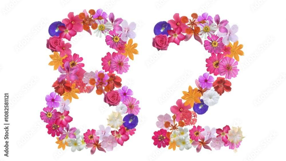 82, Video of numbers formed from growing flowers, suitable for birthday, anniversary and commemoration templates.

