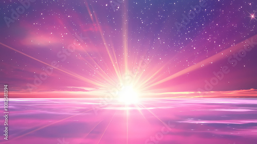 Futuristic perspective with radiant light beams and horizon effect, high angle view. Radiant. Illustration