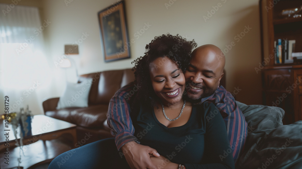 A couple enjoys a tender moment as they cuddle together on a couch, surrounded by the warmth of their living room filled with personal touches and a hint of chaos
