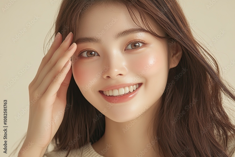 1ï¸âƒ£ A beautiful Japanese woman with long hair, smiling and using her hands to touch the area around one of her eyes, generative ai
