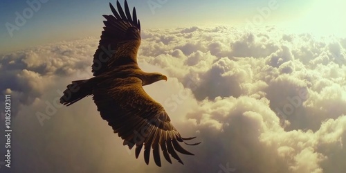 Large bird in flight over cloudy sky
