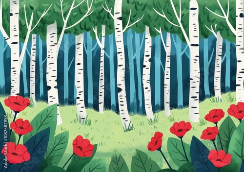 Moomin Style Drawing of Birch Forest with Red Flowers and Rabbits photo