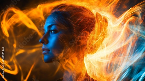 Woman's face with fiery hair in a dark background, surreal and abstract.