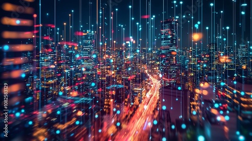 Futuristic Cityscape with Glowing Data Streams Connecting Global Communication Technology