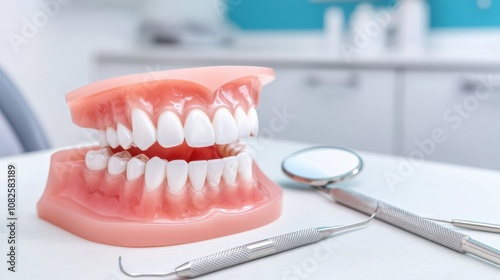 Dental examination tools closeup dentist office medical equipment clinical environment professional viewpoint oral health concept photo