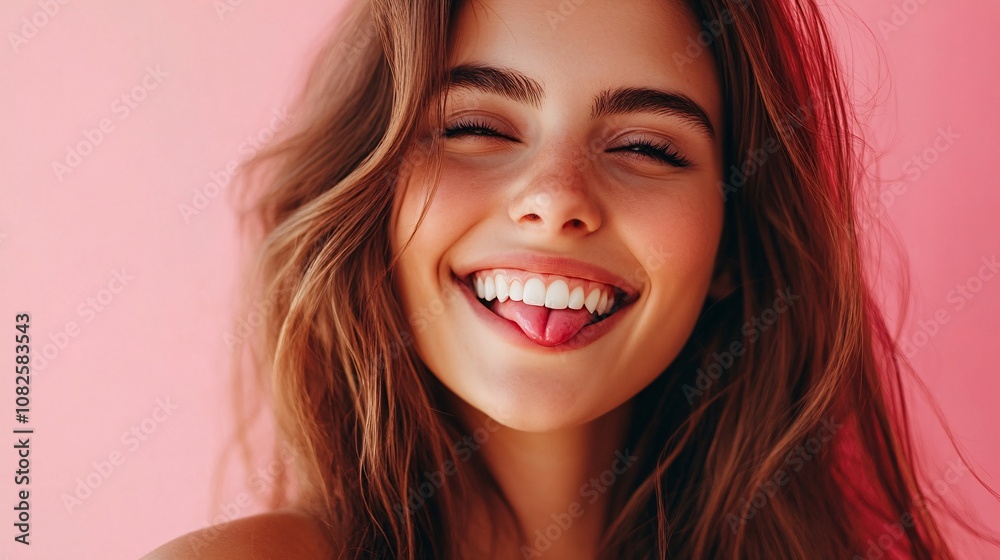 Cheerful young woman showing tongue and smiling on pink background Cheerful young woman showing tongue and smiling on pink background