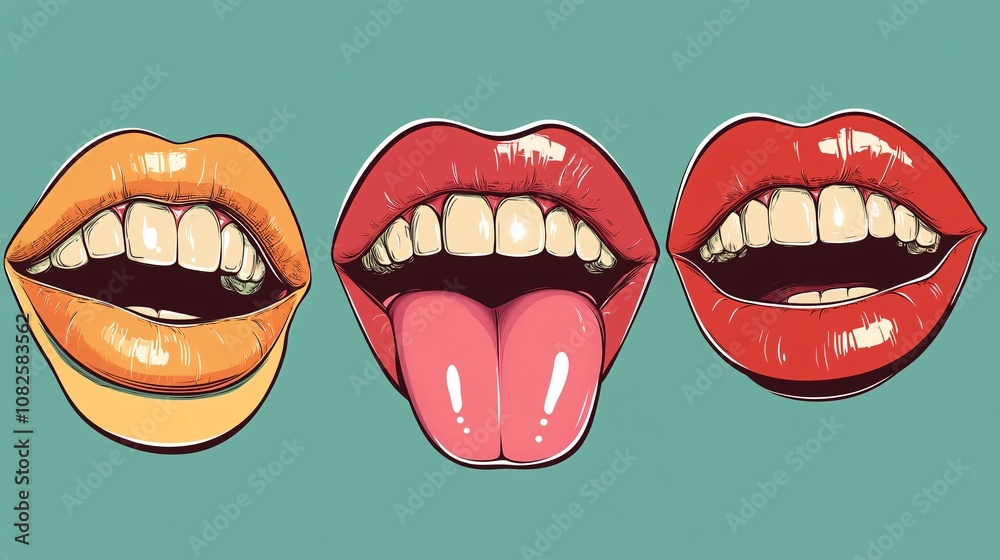 Fototapeta premium Three colorful mouths showing teeth and tongue sticking out on turquoise background