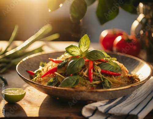 Home-Cooked Phat Kaphrao Stir Fry, Packed with Fresh Thai Basil and Chili, Presented in a Rustic Kitchen Setting with Natural Light for a Relaxed Dining Vibe photo